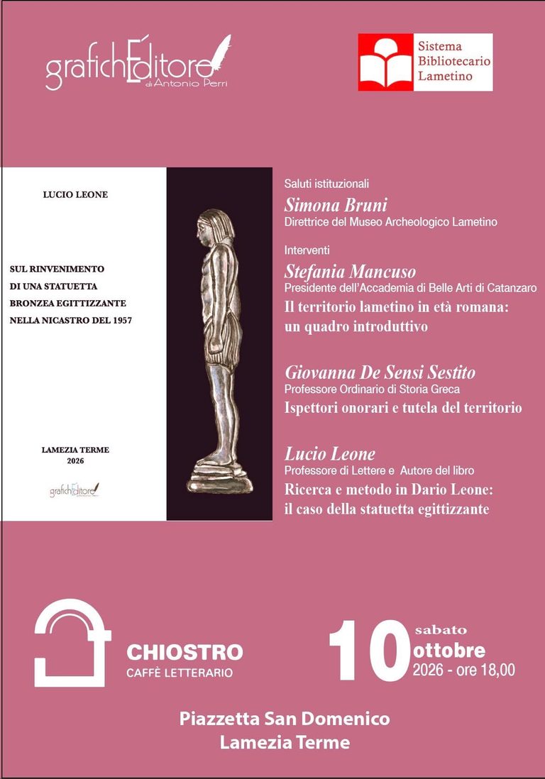 Incontro culturale dedicato alla presentazione del volume curato da Lucio Leone sul ritrovamento storico della statuetta bronzea – Chiostro